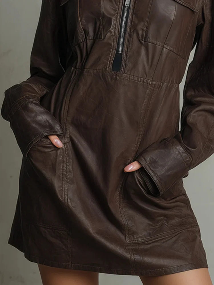 Women's Faux Leather Dress Long Sleeve Half Zip Up High Collar Mini Dress with Pockets Casual Party Streetwear Autumn Outfits