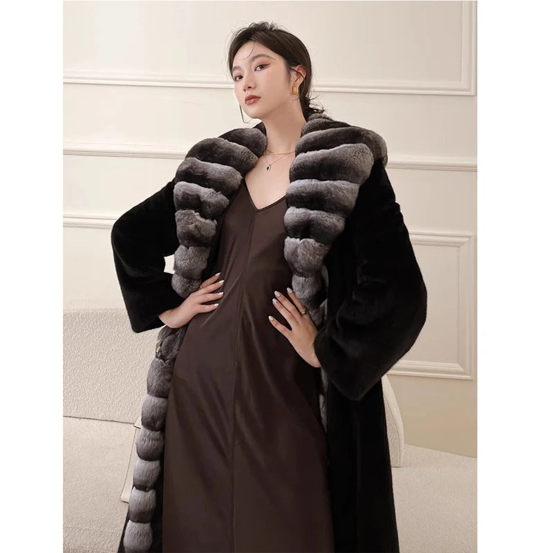 Women's velvet mink coat long winter warm trench shawl fur coat whole mink - Kimlud
