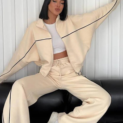 Zekye Women's Clothing Long-sleeved Semi-turtleneck Cardigan Sweater Strappy Striped Trousers Women's Suit Collection 2025 - Kimlud