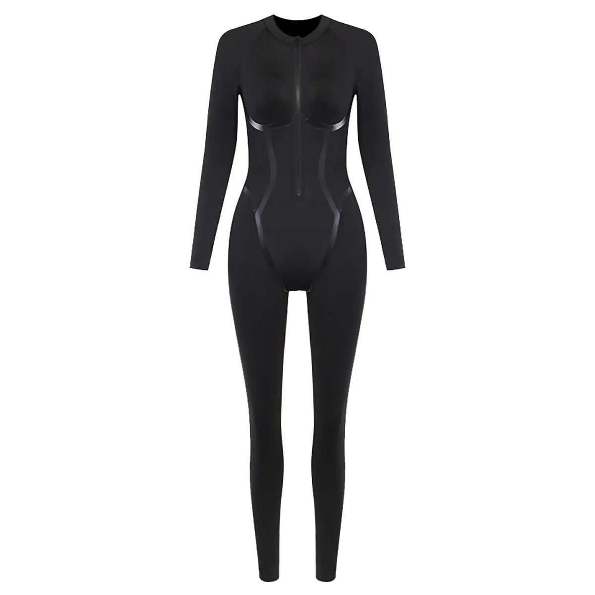 Black Sexy Skinny Jumpsuit Women Overalls O Neck Full Sleeve Zipper Sporty Jumpsuits Ladies Fashion Rompers One-Piece Streetwear - Kimlud