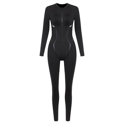 Black Sexy Skinny Jumpsuit Women Overalls O Neck Full Sleeve Zipper Sporty Jumpsuits Ladies Fashion Rompers One-Piece Streetwear - Kimlud