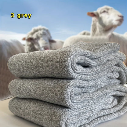 3 Pairs Men's Winter Warm Socks, Thick Towel Mid-Calf Socks, Anti-Cold Snow Boots Socks Elastic Solid Color - Kimlud