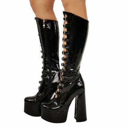 European and American High-heeled Sexy Belt Buckle Knee High Mary Jane Boots Women's Fashionable Thick Soled Banquet Shoes - Kimlud