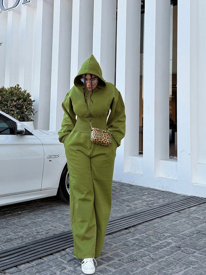 Women's Hooded Zipper Elastic Waist Jumpsuit Long Pants Sports Casual Solid Color Comfortable Casual Cross-Border Style
