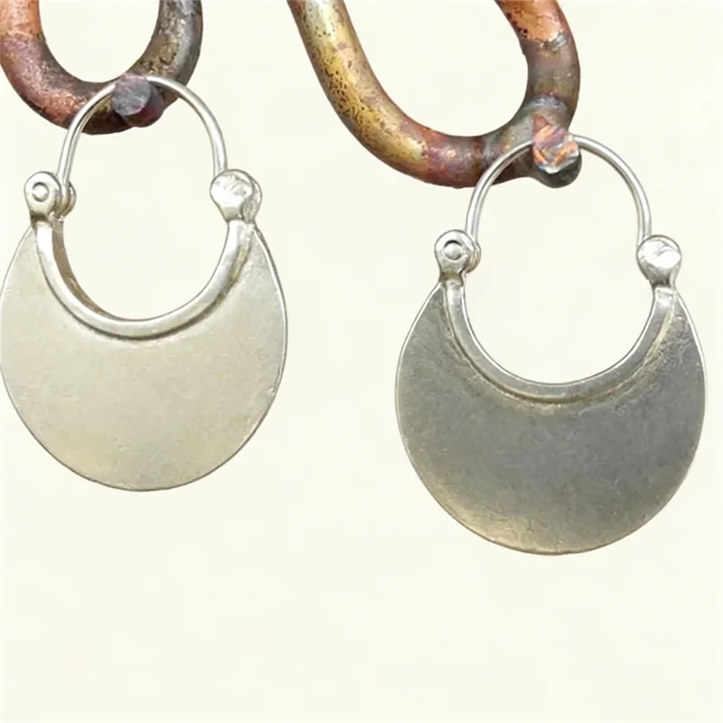 Vintage Silver Color Metal Half Round Earrings Ethnic Personality Smooth Surface Hoop Earrings for Women Jewelry