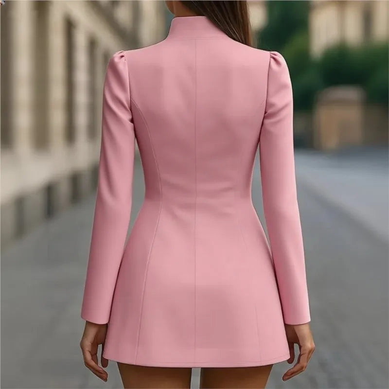 Retro Long Sleeve Metal Button Dress Women Elegant High Neck Short Dresses Lady New Chic Highstreet Party Robes