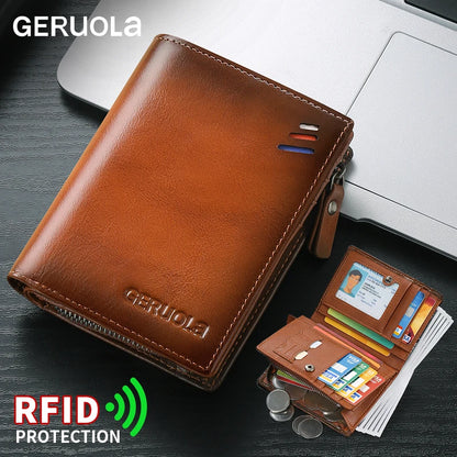 Men’s genuine leather wallet with zipped coin pocket, top-grain cowhide RFID-protected credit card holder | Kimlud Mid...