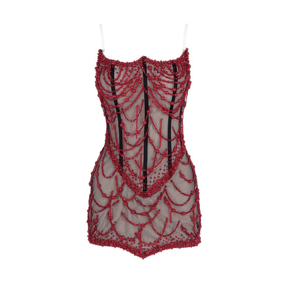 VC Glamorous Fashion Strapless Red Beaded Mesh Through Mini Sexy Dress with Corset for Club and Evening Party