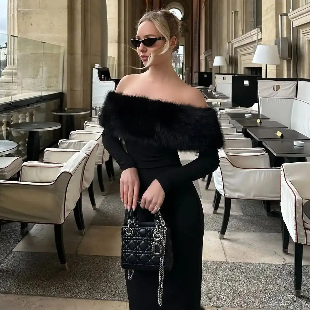 Ofherown Elegant Off Shoulder Black Midi Evening Dress with Faux Fur Long Sleeve Bodycon Party Dress Women Luxury Cocktail Gowns
