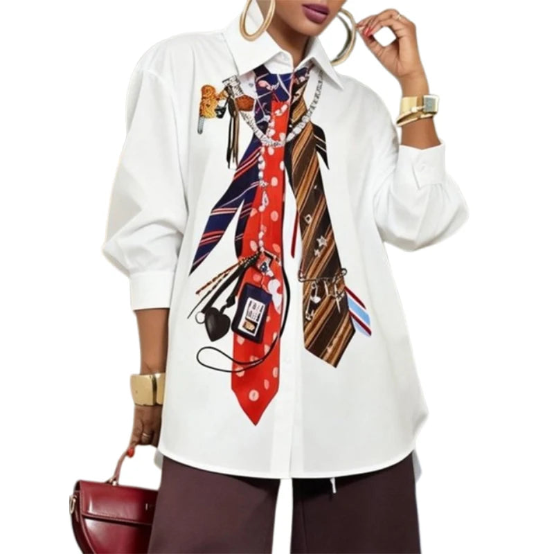 UOOZEE Women's Fashion 3D Tie Printed Lapel Blouse 2026 New 3/4 Sleeves White Oversized Buttoned High-low White Shirts Tops - Kimlud