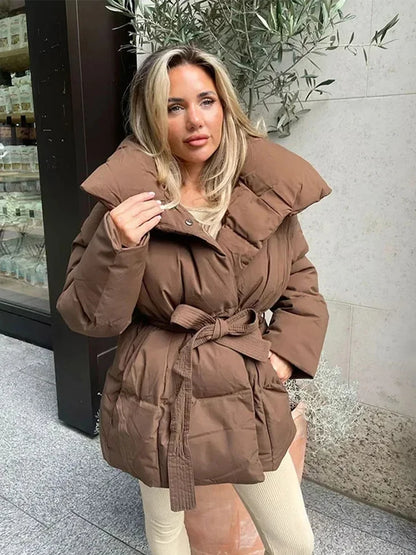 Women Solid Thicken Cotton Jackets Casual Stand Collar Zipper Long Sleeves Lace Up Detachable Hat Coat Winter Lady Warm Outwear