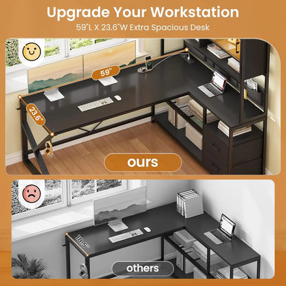 L Shaped Gaming Desk, Home Office Computer Desk with 2 Drawer and Bookshelf, L Shaped Gaming Desk with LED Light,, Customized - Kimlud