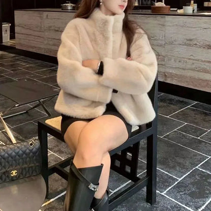 Luxury Mink Fur Loose Stand Collar Fur Coat Women Fashion Winter Outdoor Casual Office Lady All-match Cardigans Woolen Jackets