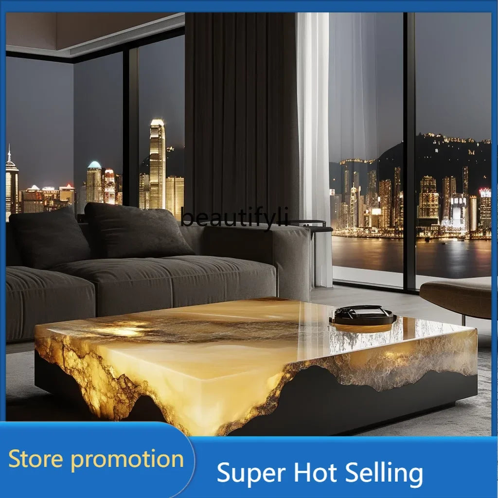 G53 Square luminous jade coffee table leather light luxury minimalist style living room luxury stone natural marble - Kimlud