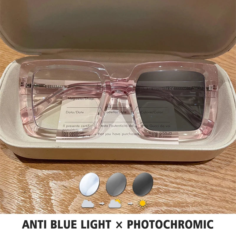 BLMUSA Square Photochromic Blue Light Blocking Large Frame Eyeglasses fashion Reading Glasses ladies Prescription Myopia Glasses - Kimlud