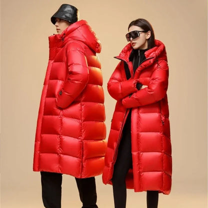 Top Grade Women Red 90%  White Goose Down  Thick（Winter) Warm  X-Long Jackets 2023 New Arrivals Female Hooded Down Parka