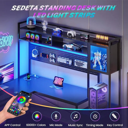 L-Shaped Gaming Desk with Drawers, Reversible, LED-lit, Black, for Dual Players with Power Outlets | Kimlud Luxury Home