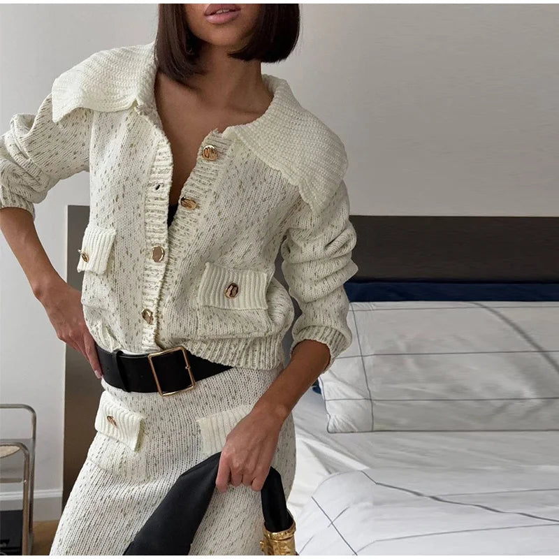 Fashion Knitted Long Skirts Sets Women Lapel Full Sleeve Single Breasted Sweater Hip Package Slim Skirt 2026 Spring Lady Outfits