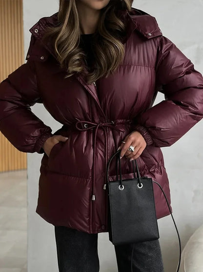 Women Solid Thicken Cotton Jackets Casual Stand Collar Zipper Long Sleeves Lace Up Detachable Hat Coat Winter Lady Warm Outwear
