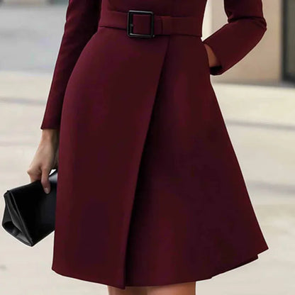 Autumn Winter Turtleneck Solid A-Line Dress Elegant Button High Waist Pocket Office Dress Woman Long Sleeve Casual Party Dresses