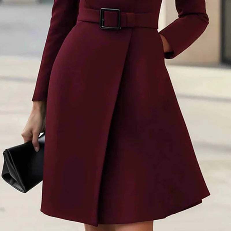 Autumn Winter Turtleneck Solid A-Line Dress Elegant Button High Waist Pocket Office Dress Woman Long Sleeve Casual Party Dresses