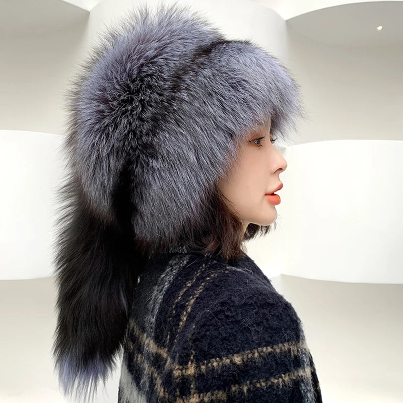 Natural Fox Fur Russian Hat Ushanka Women Winter Warm Fluffy Popular Style Female Tail Cap Fashion Real Fur Hats
