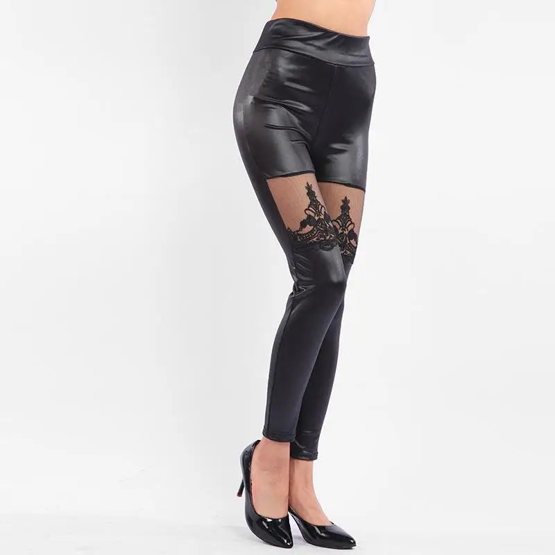 Lace Leather Patchwork Crop Pants Leggings Breathable Skin-Friendly Pure Color Women's Base Layer Pants Winter Collection - Kimlud
