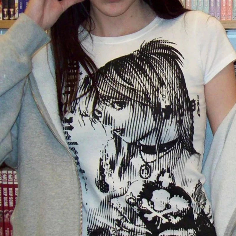 Y2K Fashion T shirt fairy grunge Summer E-girl White Black Crop Top Slim 2000s Harajuku Goth Locomotive wind Short Sleeve
