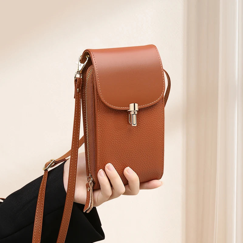 Genuine Leather Phone Bag, Crossbody Bag, Shoulder Bag with 8 Card Slots, ID Evidence Slot, Zipper Pocket, lychee Patterned Cowh
