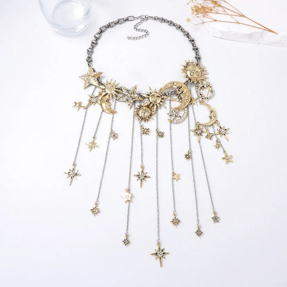 Retro Exaggerated Alloy Stars Moon Tassels Waterfall Necklaces For Women Y2k Hiphop Punk Clavicle Chain Party Jewelry Gifts