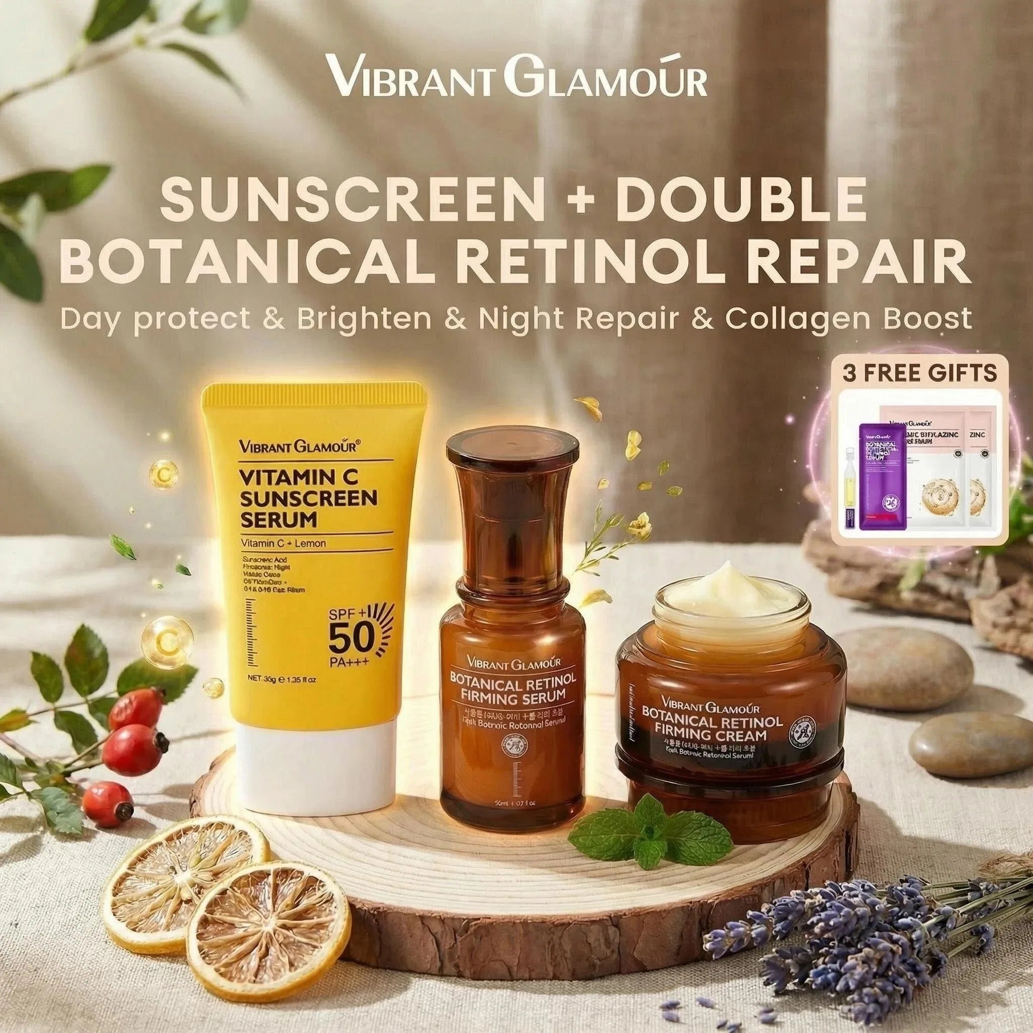 VIBRANT GLAMOUR Retinol Series 2.0 Formula Upgrade Vitamin C Sunscreen SPF 50+ SkinCare 3-Piece Set | Kimlud Premium Monitor