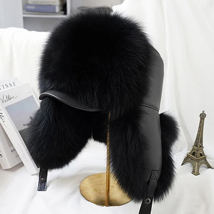 Fashion Winter Men's 100% Real Silver Fox Fur Bomber Hat Raccoon Fur Ushanka Cap Trapper Russian Man Ski Hats Caps Real Leather
