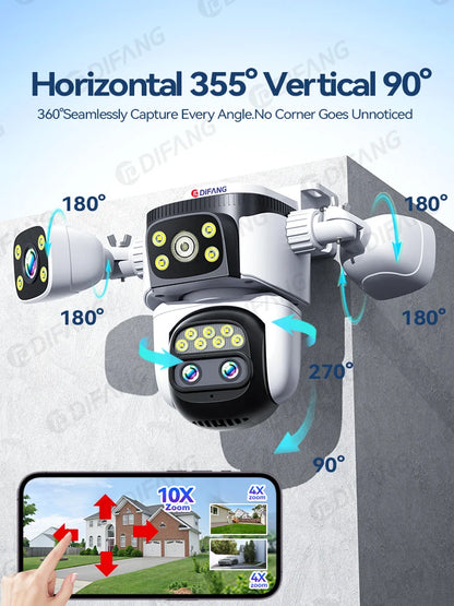 10K WiFi Cam 20MP Wireless Outdoor 10X Zoom Three Screen Four Lens 720° PTZ Automatic Tracking Waterproof Security Camera CCTV