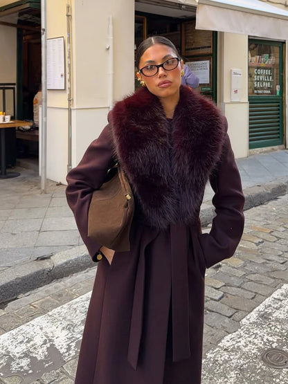 Solid Women Fur Collar Woolen Overcoat Stylish Patchwork Lace Up Long Sleeve V-neck Loose Coats 2026 High Street Warm Outerwear