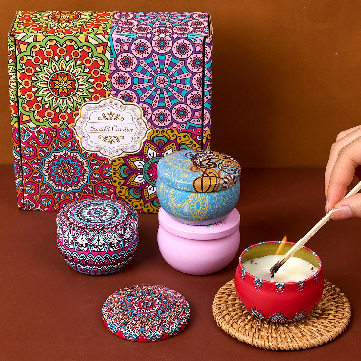 4PCS/Set Scented Candle Box Vintage Flower Rose Lavender Candle Jars Soy Wax Fragrance Candles Wedding Birthday Gift Home Decor