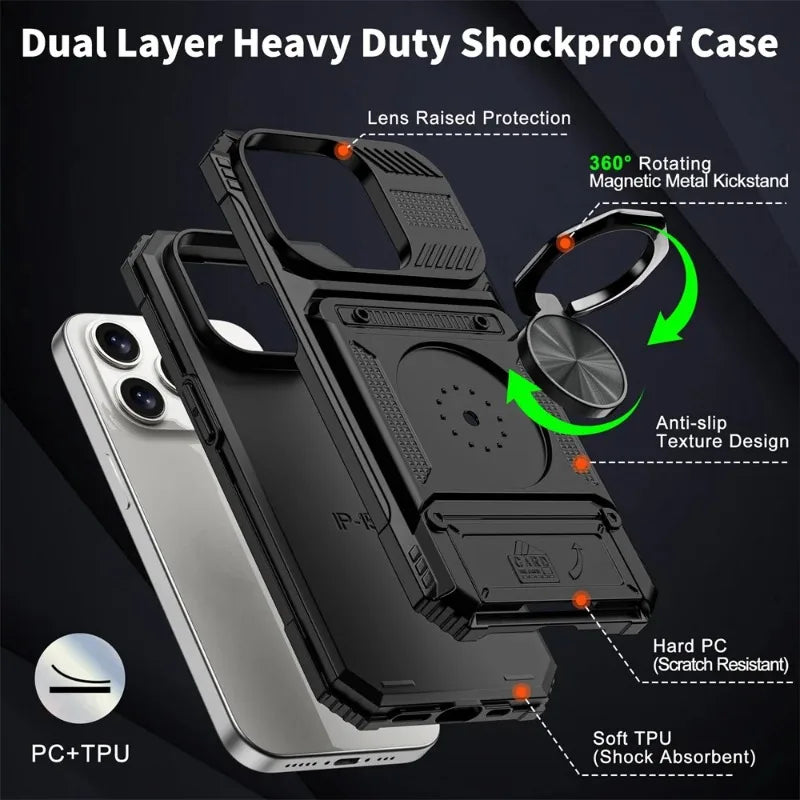Case For iPhone 16 15 14 13 12 11 Pro Max XS XR 8 7 Plus Magnetic Rotated Ring Kickstand Heavy Duty Drop Protection Wallet Cover - Kimlud