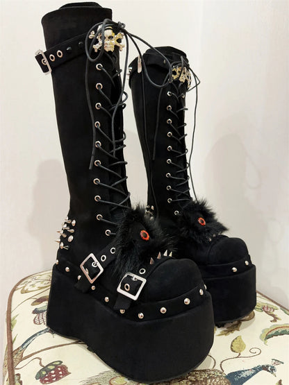Skull Rivet Black Punk Platform Knee High Boots Shoes Women Zapatos Mujer