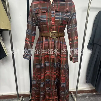 Leisure Grid Printed Long Sleeve Shirts Dress Autumn New Long Sleeve Pocket Dress Elegant Ladies Loose Pleated Commute Dresses