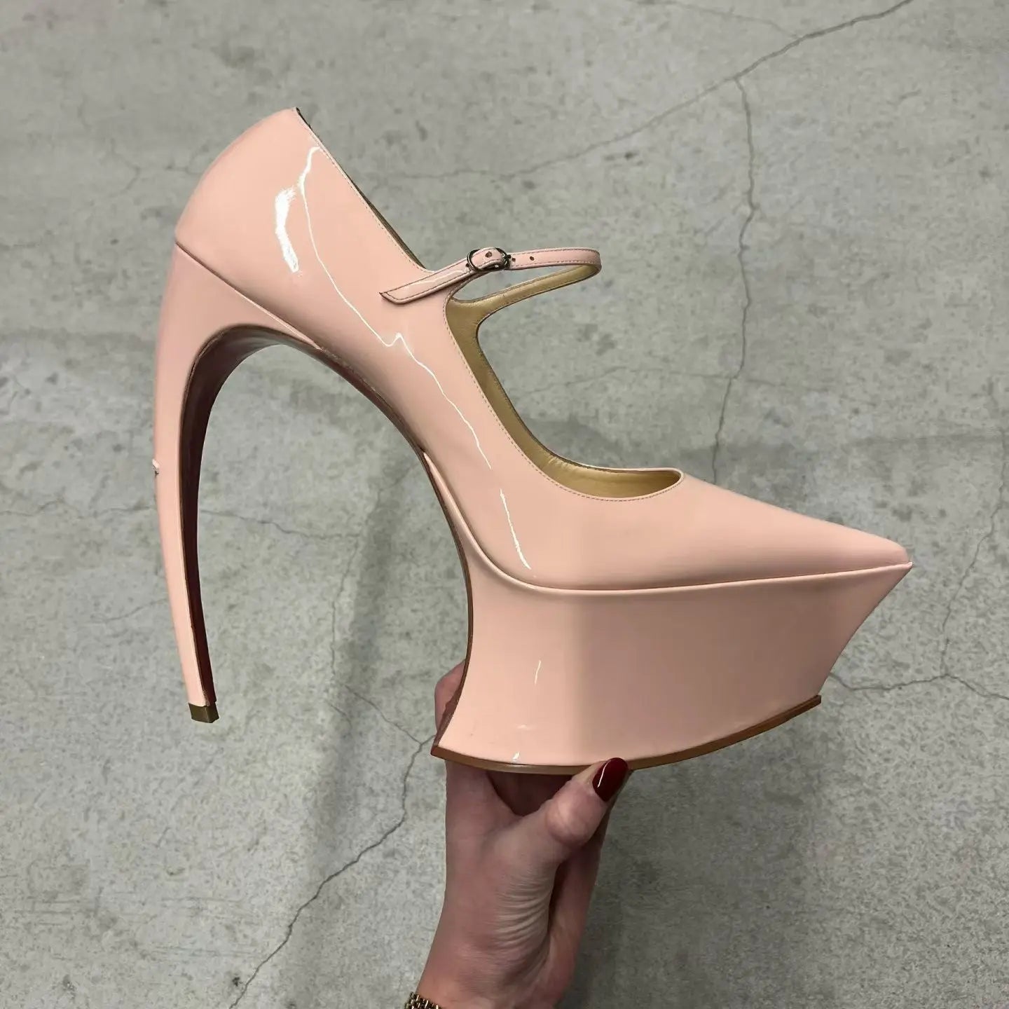 2026 Spring/Summer New Women's Fashion Runway Patent Leather Pointed-Toe Platform Stiletto Heel Ankle Buckle Dress Party Pumps - Kimlud