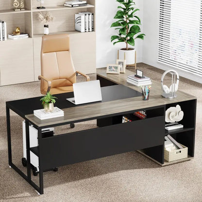 71 inch Executive Desk, L Shaped Desk with Cabinet Storage, Executive Office Table with Shelves, Business Furniture Set Worksta - Kimlud