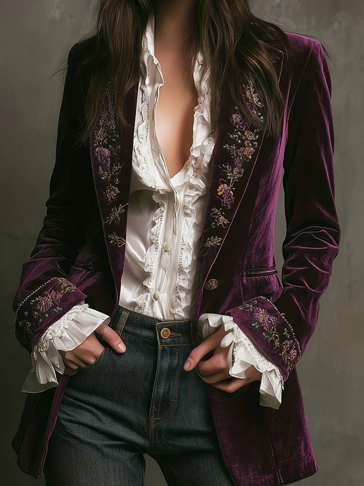 Autumn Causal Long Sleeve Women's Outercoat Winter Elegant Patchwork Lace Velvet Slim Coat Vintage Pattern Print Cardigan Jacket