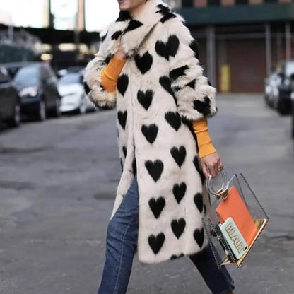 Winter Fashion Week Fashion Long Love Heart Pattern High Quality Faux Fox Fur Coat Women Jacket