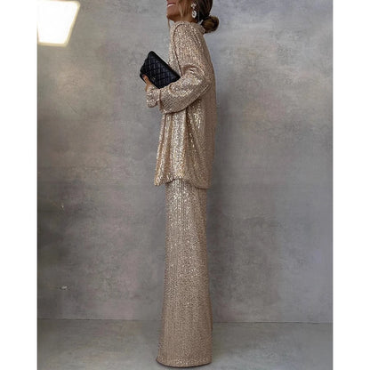 All Over Sequins Long Sleeve Coat Top & Wide Leg Pants Set For Women Korean Style Femme Tow Pieces Set Elegant Wear
