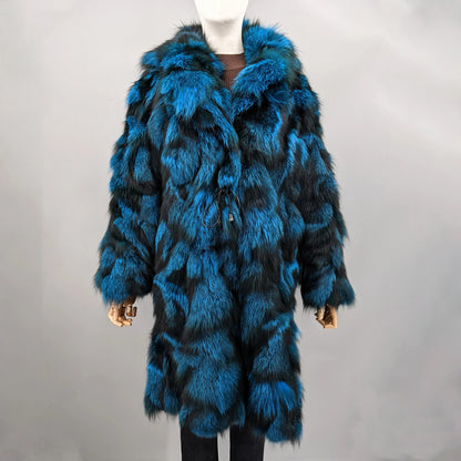 Women’s Genuine Real Fox Fur Patchwork Long Coat, Green‑Brown Color‑Block Wide Lapel Collar, Loose‑Fit Fluffy Luxury 260628