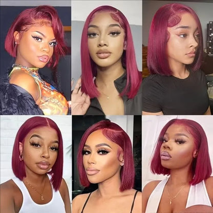 Classic 99J Colored Straight Hair Bob Wig 13x4 HD Transparent Lace 200 Density Preplucked Hairline Baby Hair 8-14 Inch Durable Hair For Ladies Dating Daily Wear