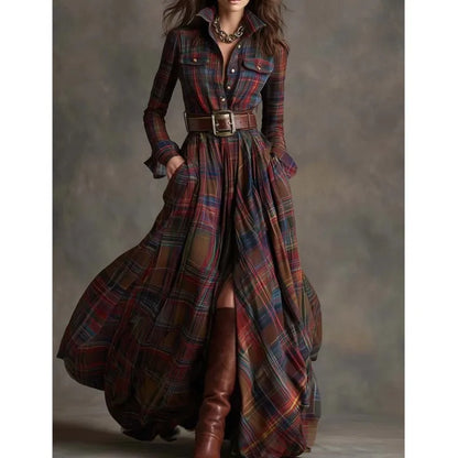 Retro Women's Shirt Maxi Dress Autumn Casual Long Sleeve Button Pocket Plaid Print Lapel Retro Long Dresses For Womem Vestidos