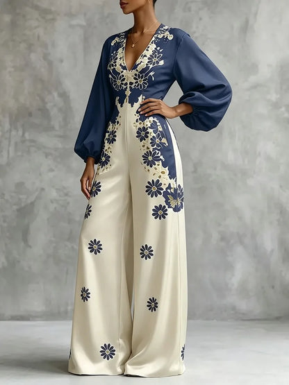 Yeezzi Women's Elegant Floral Printed Jumpsuit V-Neck Puff Long Sleeves Loose Wide Leg Jumpsuits Party Evening Long Pants Romper