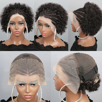 Afro Puff 13x4 Lace Frontal Human Hair With Pre Made Cornrow Braided Kinky Curly Wig With Baby HairHair Wig for Woman