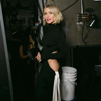 Turtleneck Sexy High Slit Contrast Color Ribbon Dress Lady Fashion Hollow Long Sleeve Elegant Party Maxi Dress Streetwear 2024