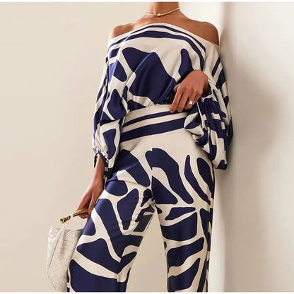 Women Satin Print Pajamas Suit Fashion Hollow Off Shoulder Tops with Long Pants 2 Piece Sets 2024 Homewear Commuting Outfits - Kimlud